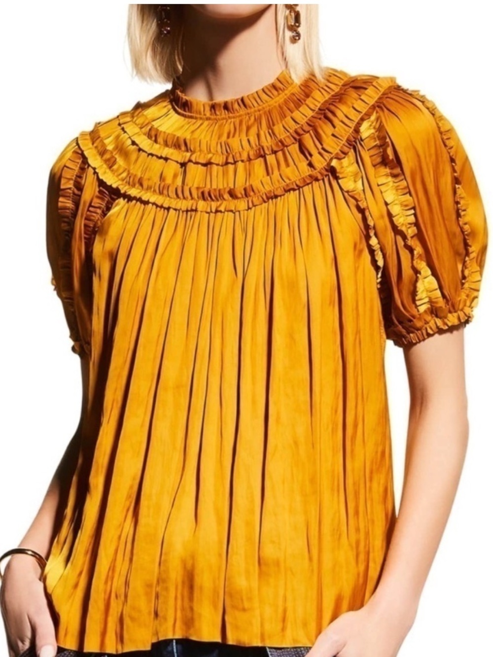 Ulla Johnson Aimee Pleated Mustard Ruffle Yoke Puff Sleeve Blouse Size 8